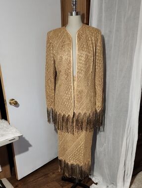 Moshita Couture Gold Fringe Knit Jacket - Women's Elegant Coat W/ Skirt Set